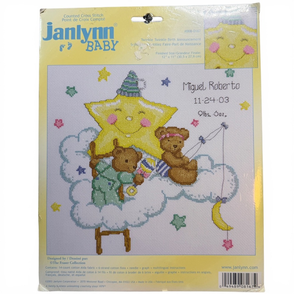Janlynn Twinkle‎ Twinkle Birth Announcement Counted Cross Stitch Kit 12x11 New